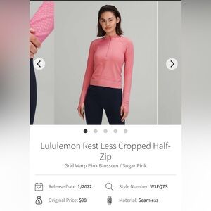 🍋Women’s Lululemon Rest Less Cropped Half-Zip size 8 pink 🍋
